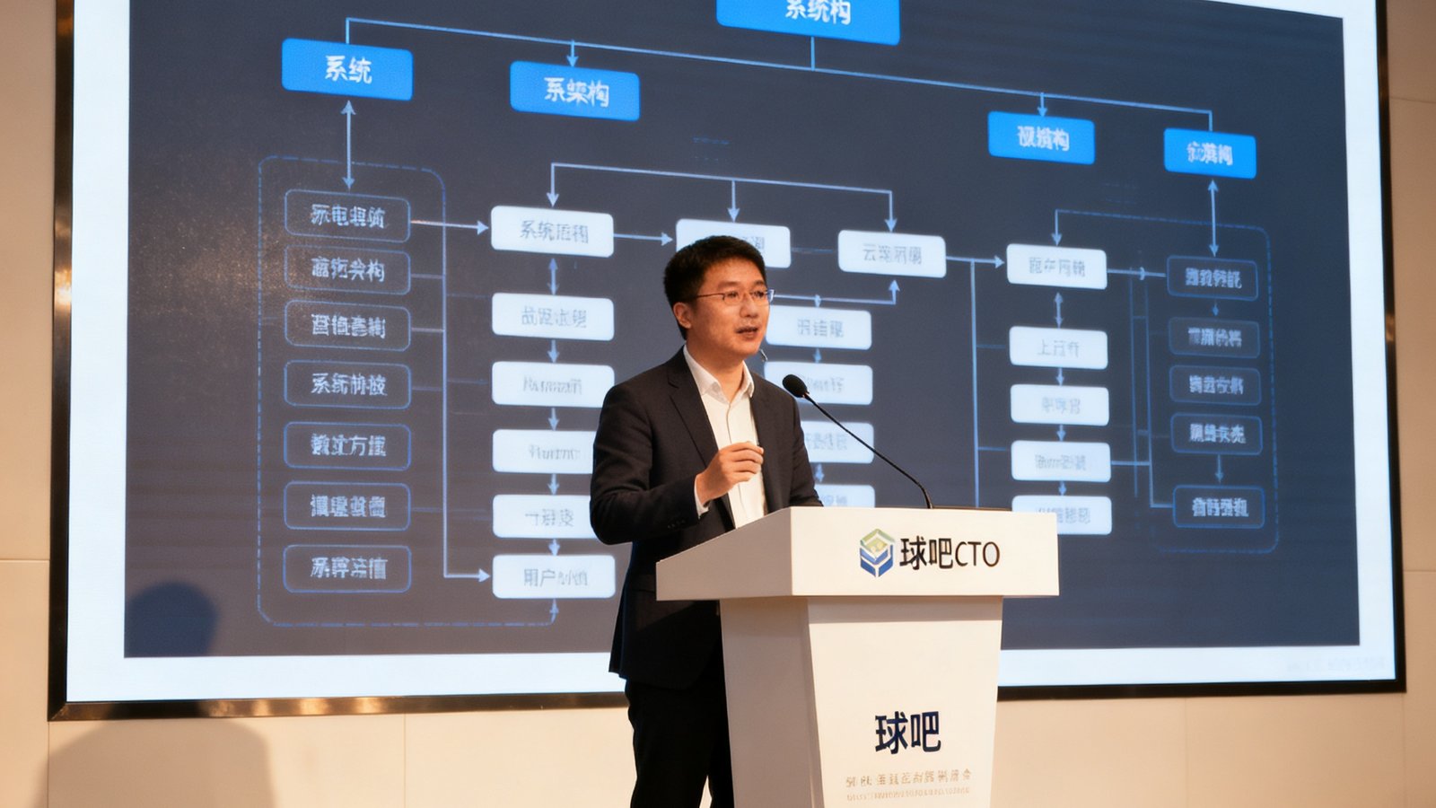 球吧CTO林浩然在技术会议中发言的场景，身后大屏幕显示系统架构图